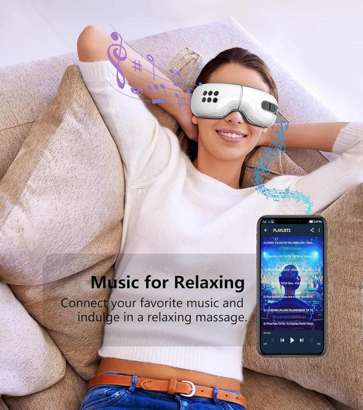 Woman relaxing with 4D Intelligent Eye Massager connected to music on a smartphone.