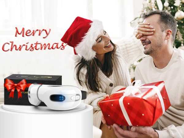 4D Intelligent Eye Massager gift, Christmas scene with couple, festive packaging.